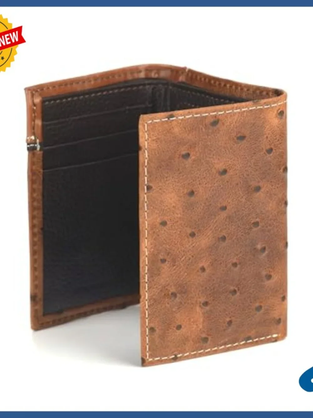 Genuine Leather Tri-Fold Wallet with Ostrich Print and Floral Embossing